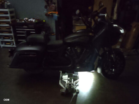 This is the OEM puddle light from Indian illuminated under the motorcyle.